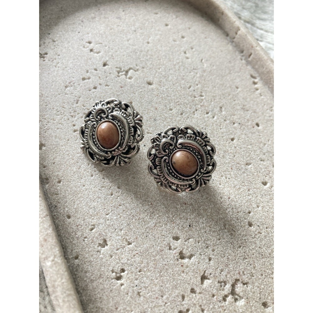 Ornate Silver Tone Clip On Earrings Brown Faux Stone‎ Cabochon Bold Chunky